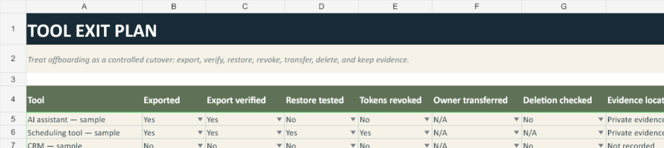 Tool Exit Plan sheet with illustrative export, restore, token revocation, ownership transfer, deletion, evidence, and readiness fields